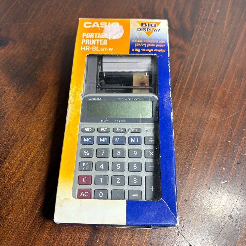 Casio Printing Calculator Gray HR-8L Portable 10-Digit Big Display Open Box